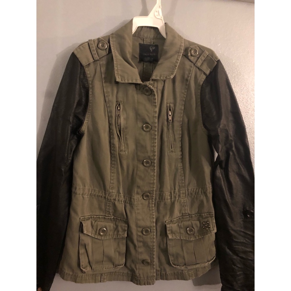 Army green/leather jacket.